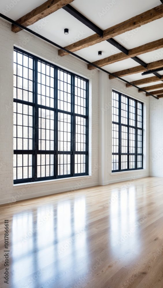 A spacious, modern industrial-style loft with large windows A spacious, modern industrial-style loft with large windows