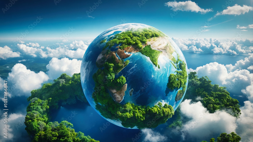 Earth planet with trees and water on it, surrounded by fluffy clouds. Environment and clean planet concept. Earth planet with trees and water on it, surrounded by fluffy clouds. Environment and clean planet concept.