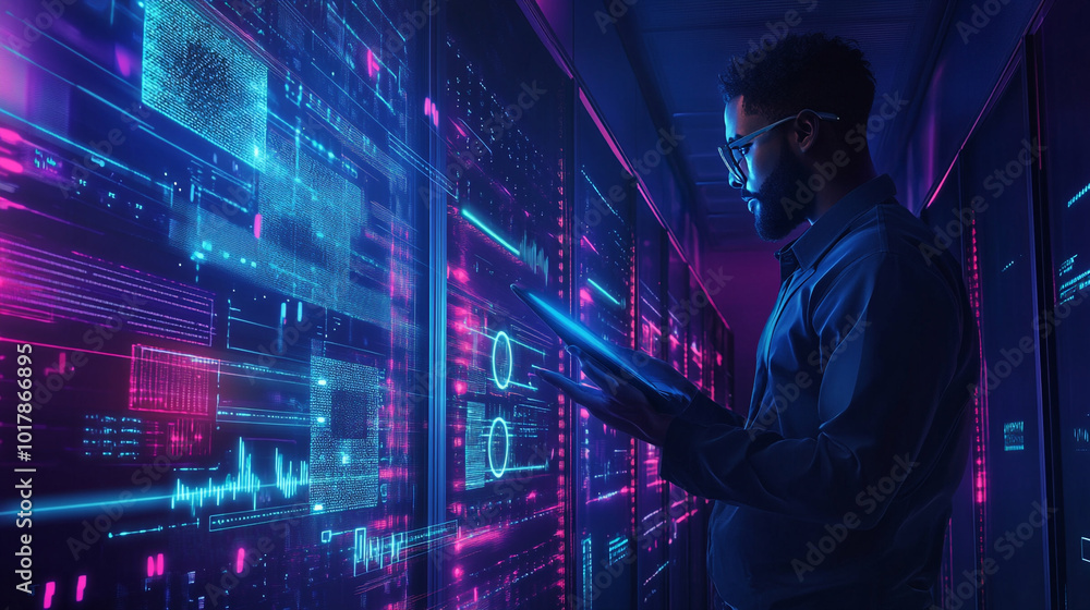 Explore a futuristic cityscape where AI and human connections are made through hands and fingers on touch screens, Man Standing in Long Hallway in Data Center. Explore a futuristic cityscape where AI and human connections are made through hands and fingers on touch screens, Man Standing in Long Hallway in Data Center.