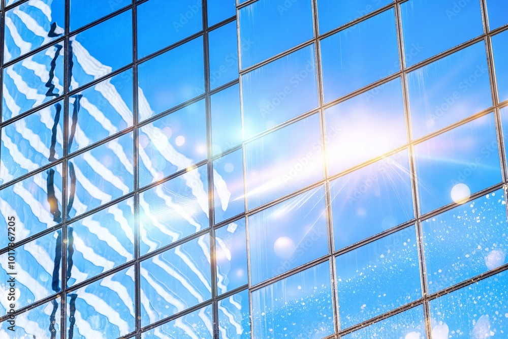 A close-up of a glass facade reflecting the blue sky and white clouds, with a sun flare shining through. A close-up of a glass facade reflecting the blue sky and white clouds, with a sun flare shining through.