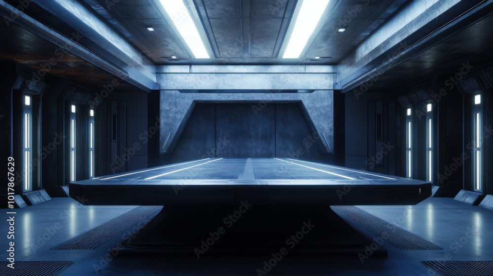Obraz premium Futuristic interior of a sci-fi laboratory featuring a sleek, illuminated table and metallic walls, captured in a dimly-lit environment