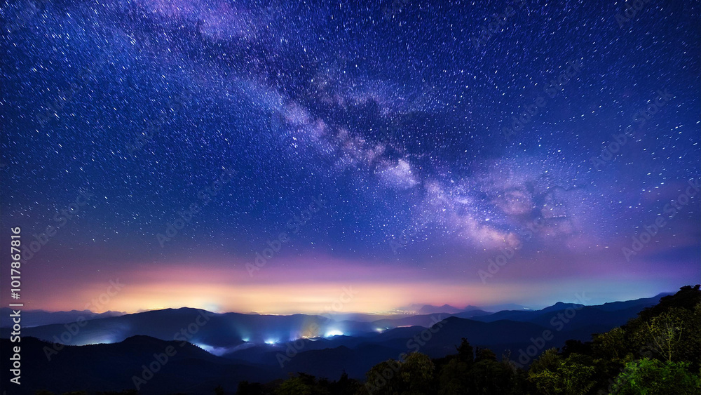山の風景と光り輝く星空 山の風景と光り輝く星空