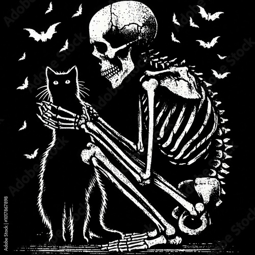 A skeleton holds a black cat amid flying bats, creating a spooky, Halloween-themed scene with a contrast of life and death. photo