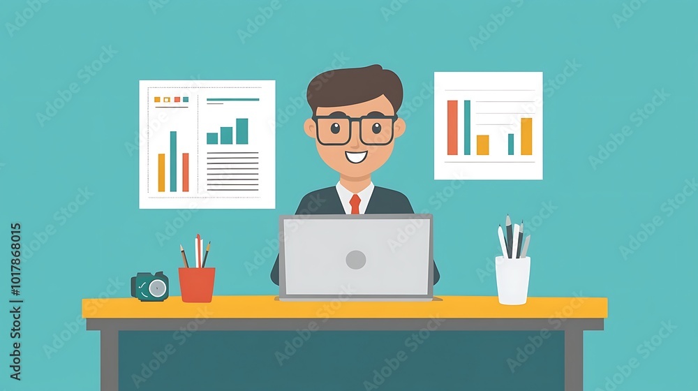 Smiling Businessman Working at a Desk with Charts and a Laptop Smiling Businessman Working at a Desk with Charts and a Laptop