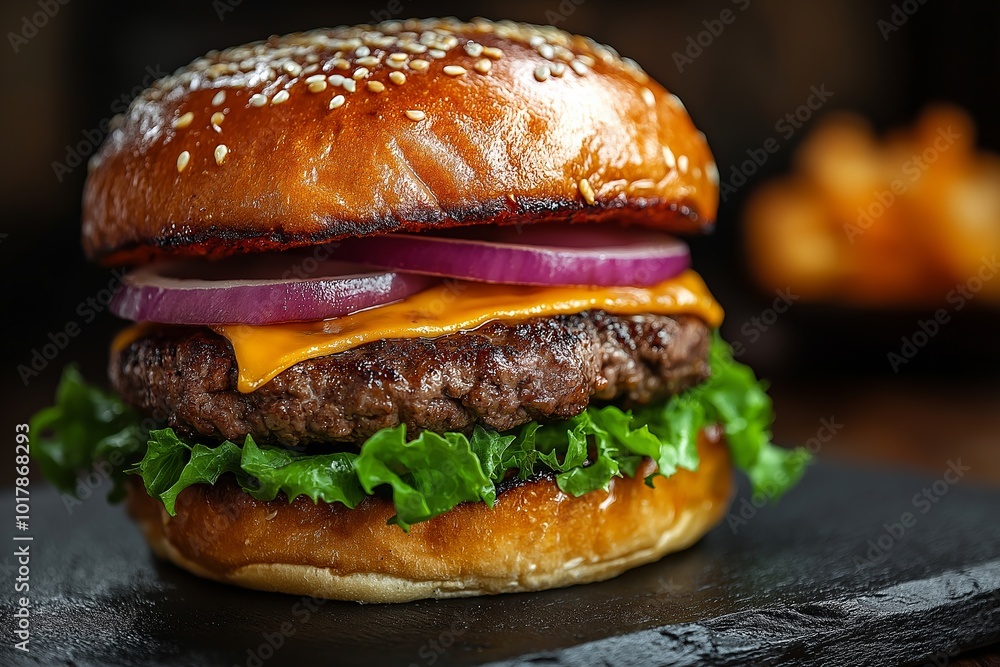Hamburger with cheese and ketchup on it. The bun is brown and has sesame seeds on it. Half cut beef burger sandwich filled with beef cutlet and cheese on a black background Hamburger with cheese and ketchup on it. The bun is brown and has sesame seeds on it. Half cut beef burger sandwich filled with beef cutlet and cheese on a black background