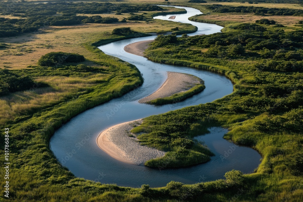 Aerial view of a winding river with lush greenery and sandbanks along its course through a vast, open landscape. Aerial view of a winding river with lush greenery and sandbanks along its course through a vast, open landscape.