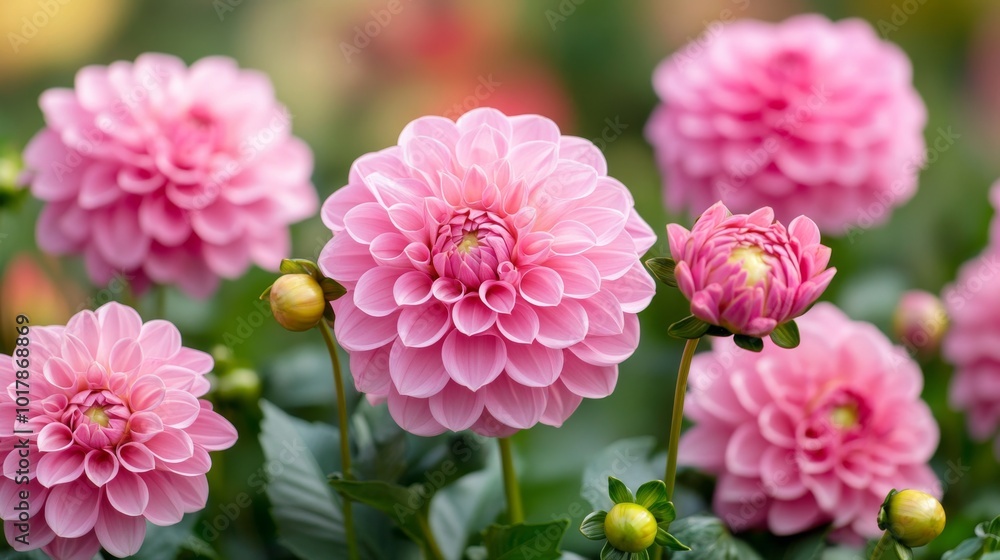 Fototapeta premium A cluster of bright pink dahlias in full bloom set against a lush, vibrant green garden backdrop, capturing nature's delicate beauty in a lively scene.