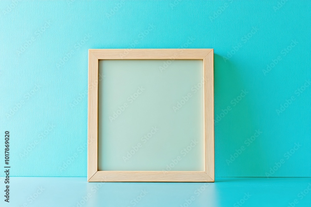 Simple square photo frame mockup on a turquoise background for design projects and presentations Simple square photo frame mockup on a turquoise background for design projects and presentations