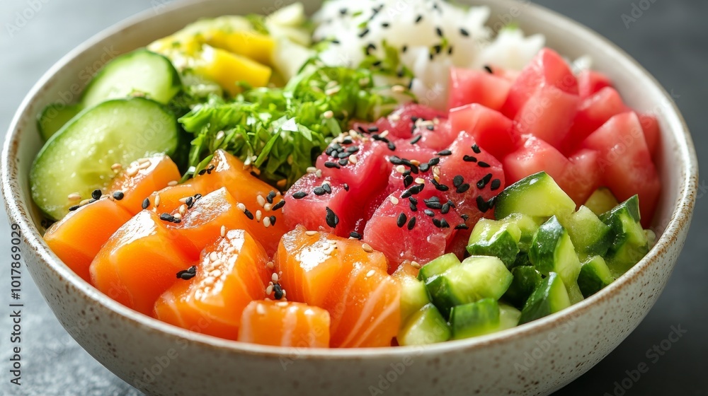 A beautifully arranged poke bowl featuring fresh salmon, tuna, rice, and a variety of colorful vegetables, garnished with sesame seeds, offering a healthy, visual feast. A beautifully arranged poke bowl featuring fresh salmon, tuna, rice, and a variety of colorful vegetables, garnished with sesame seeds, offering a healthy, visual feast.