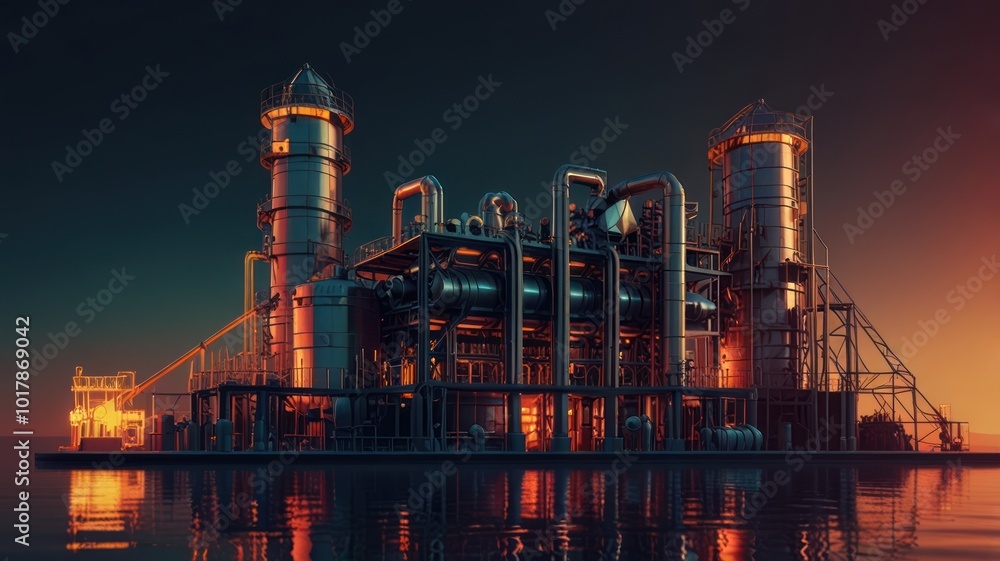Obraz premium A large industrial plant with tall towers and a complex network of pipes and structures stands silhouetted against a dramatic sunset sky.