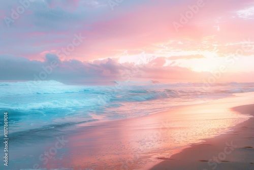 Pink sky over blue waves crashing on a sandy beach