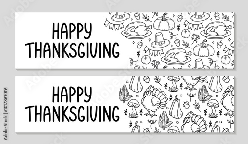 Thanksgiving Billboard set. Horizontal invitation background. Cozy Autumn doodle pattern. Turkey, pumpkin, flags, leaves, hat, acorns. Fall season banners template. Vector outline illustration.