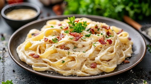 A plate of creamy fettuccine Alfredo pasta topped with crispy bacon pieces, freshly grated parmesan, and a sprinkle of fresh herbs, perfect for Italian cuisine lovers.