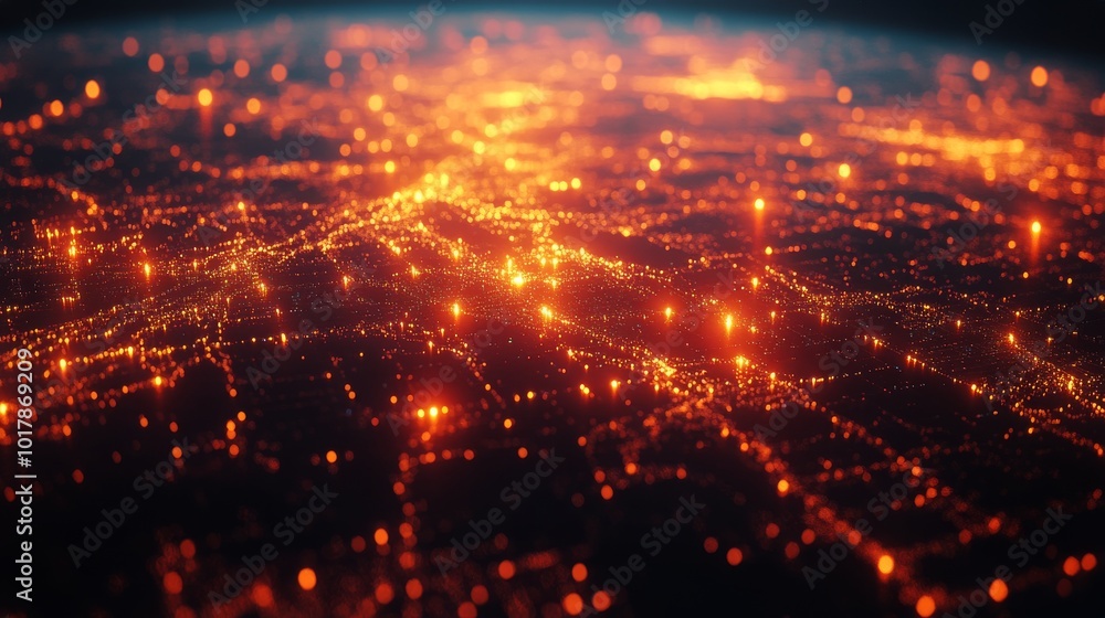 This aerial image captures the bright, glowing lights of a bustling city at night, resembling a network of illuminating pathways across the landscape. This aerial image captures the bright, glowing lights of a bustling city at night, resembling a network of illuminating pathways across the landscape.