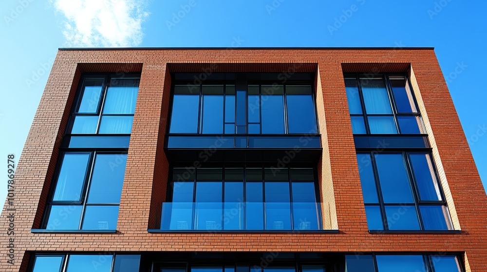 A contemporary brick building with large glass windows reflecting the sky, featuring a minimalist architectural style that exudes modern urban aesthetics. A contemporary brick building with large glass windows reflecting the sky, featuring a minimalist architectural style that exudes modern urban aesthetics.