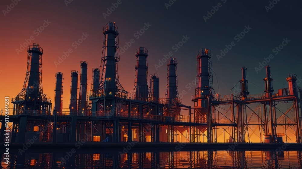 Industrial complex at sunset with tall smokestacks and a reflection in the water. Industrial complex at sunset with tall smokestacks and a reflection in the water.