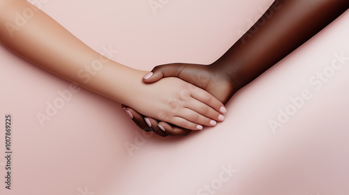 Two Diverse Hands Clasped Together Against a Pink Background Symbolizing Unity and Friendship