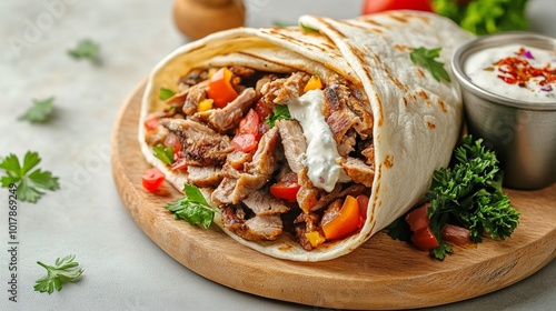 This delicious shawarma features tender slices of grilled meat wrapped in soft flatbread, topped with fresh vegetables and creamy sauce for a flavorful experience.