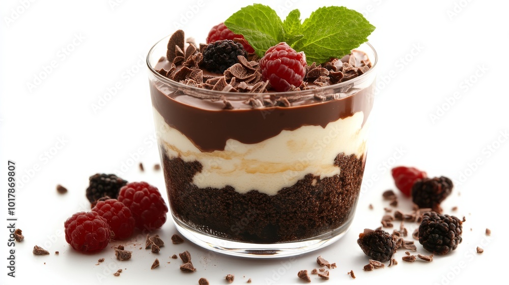 A sophisticated dessert featuring layers of rich chocolate, creamy filling, and crunchy chocolate shavings, adorned with fresh berries and mint leaves, stylishly presented in a glass. A sophisticated dessert featuring layers of rich chocolate, creamy filling, and crunchy chocolate shavings, adorned with fresh berries and mint leaves, stylishly presented in a glass.