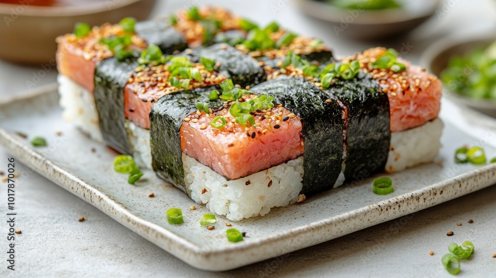 A plate of beautifully arranged layered sushi squares featuring fresh salmon, nori wraps, topped with scallions, and sprinkled with sesame seeds for an elegant presentation. A plate of beautifully arranged layered sushi squares featuring fresh salmon, nori wraps, topped with scallions, and sprinkled with sesame seeds for an elegant presentation.