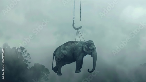 An elephant suspended by a chain hook in the fog. photo