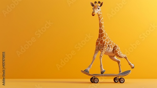 A giraffe skateboarding on a yellow background.