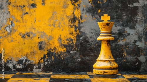 A singular yellow chess king stands prominently on a distressed chessboard, the textured background accentuates its regal depiction, emphasizing strategic power. photo