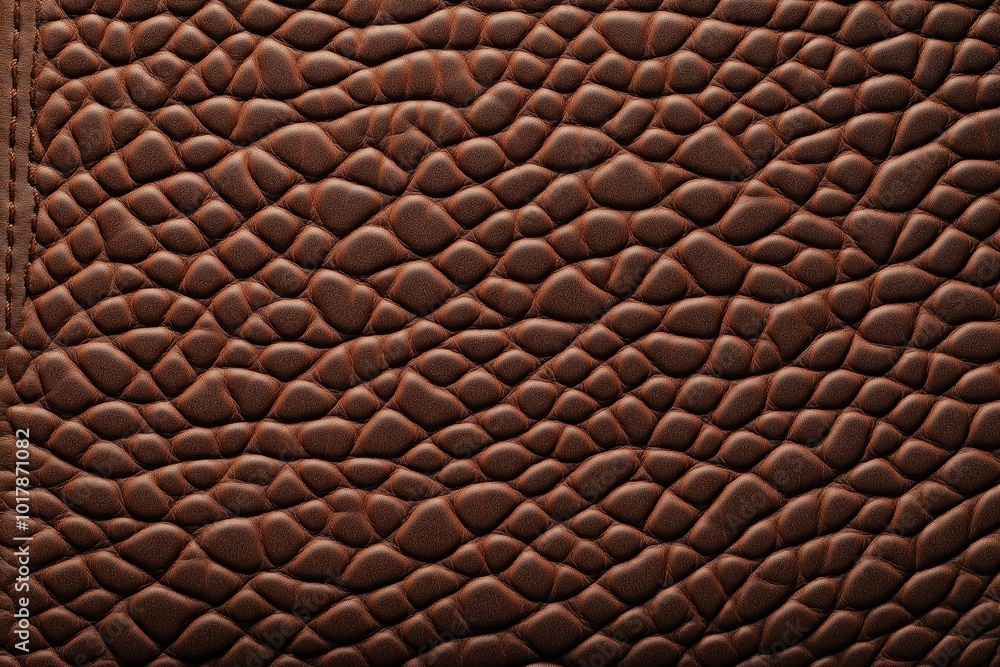 Close-up of a textured brown leather surface with an irregular, pebbled pattern and visible stitching on the left edge. Close-up of a textured brown leather surface with an irregular, pebbled pattern and visible stitching on the left edge.