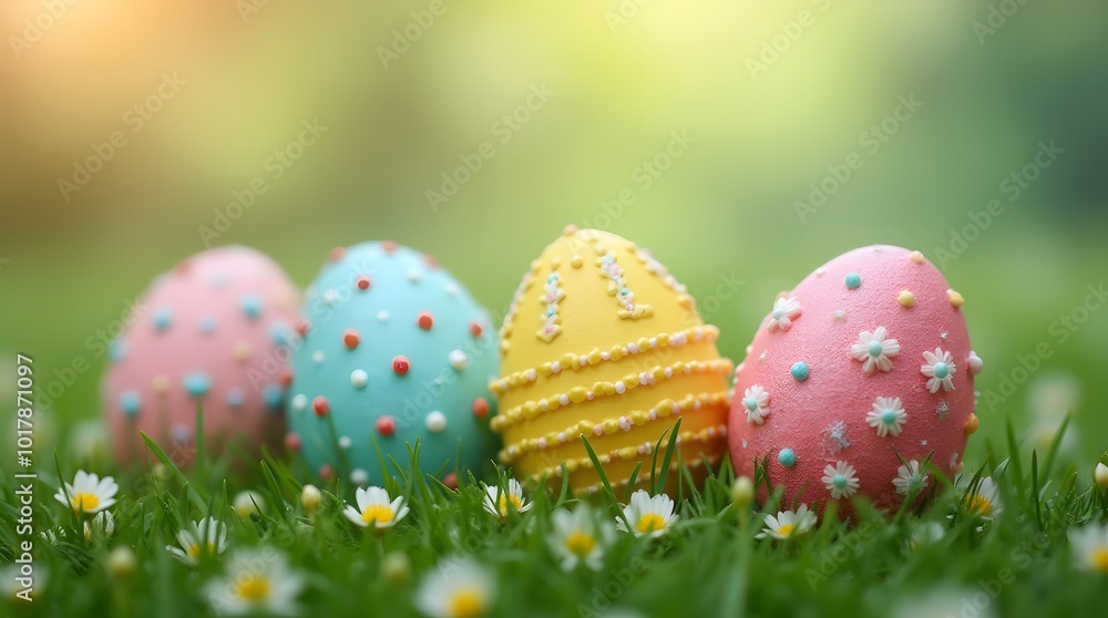 decorated easter eggs in grass background decorated easter eggs in grass background