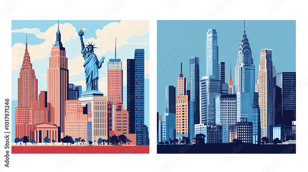 Fototapeta premium Cityscape with Colorful Reflections at Sunrise, Skyscrapers in modern city International corporations Banks and office buildings.