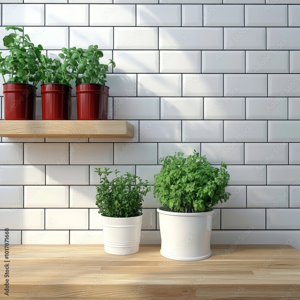 Parsley, Oregano, Thyme Herbs in White Pots on Wooden Countertop with Subway Tile Backsplash Parsley, Oregano, Thyme Herbs in White Pots on Wooden Countertop with Subway Tile Backsplash