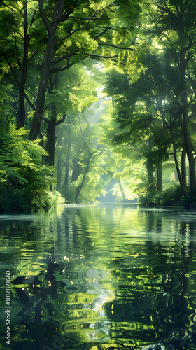 Mesmerizing Serenity - A Lush Forest Landscape with a Calm, Reflective River Bathed in Warm Sunlight