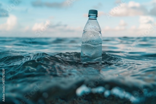 A plastic water bottle floats in the ocean.