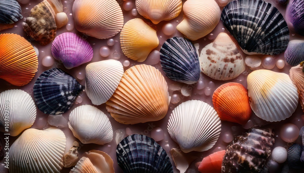 Colorful seashells starfish isolated background made of black and white pearls in shells Colorful seashells starfish isolated background made of black and white pearls in shells