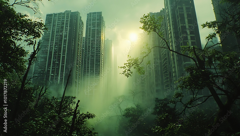 Naklejka premium Tall buildings loom through thick fog and dust