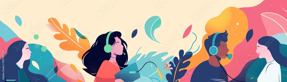 Obraz premium Educational podcasts, kids listening, flat design illustration