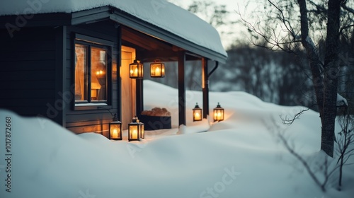 Snow-covered cabin with glowing lanterns hanging from the porch, creating a warm and cozy atmosphere during twilight in a winter landscape.