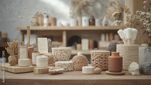 A serene display of natural wellness products arranged on wooden surfaces, highlighting a minimalist aesthetic.