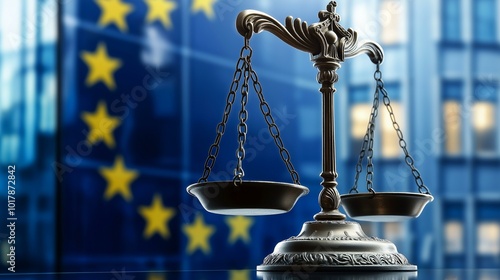 AI Ethics and Law in Europe: Conceptual Representation of Justice and Artificial Intelligence Regulations with Scale of Justice and European Union Flag