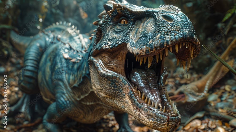 In a dense jungle, a formidable dinosaur unleashes a mighty roar, beautifully illuminated by the soft morning light filtering through the leaves In a dense jungle, a formidable dinosaur unleashes a mighty roar, beautifully illuminated by the soft morning light filtering through the leaves