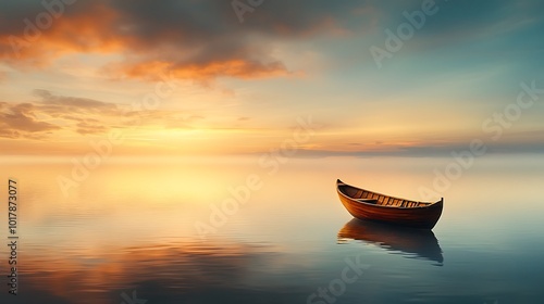A solitary boat drifting into the horizon on a calm sea, signifying moving forward and letting go of past struggles. Ultra-Realistic, Photo Realistic, 