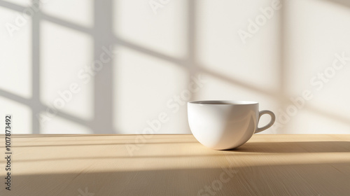 Minimalistic white coffee cup on a wooden table with sunlight shadows, calm and cozy atmosphere, copy space