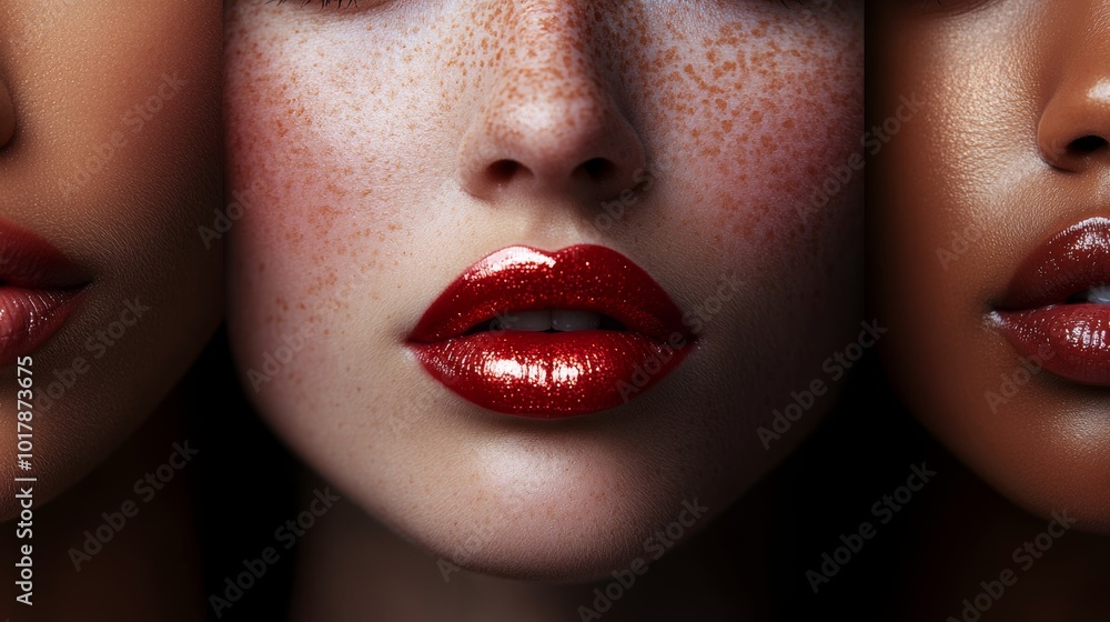 Obraz premium A close-up image of a young woman with different shiny lipsticks. This image can be used as a banner design.