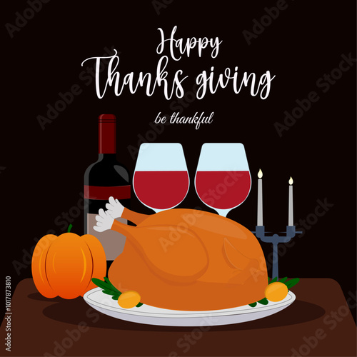 Happy Thanksgiving illustration with festive table, Vector design for card, poster, flyer, web and other use