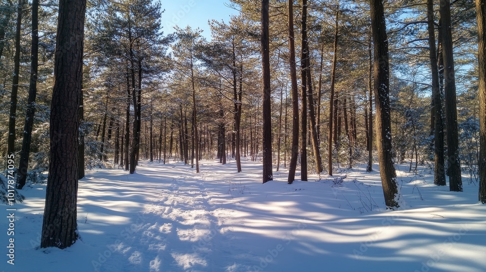 A serene winter landscape with snow-covered ground and tall trees, inviting outdoor exploration and tranquility. A serene winter landscape with snow-covered ground and tall trees, inviting outdoor exploration and tranquility.