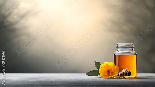 An empty honey jar sits on a kitchen counter with a wilted flower beside it, representing no bees, no honey. The sunlight streams in from a nearby window, casting long shadows on the bare countertop.  photo