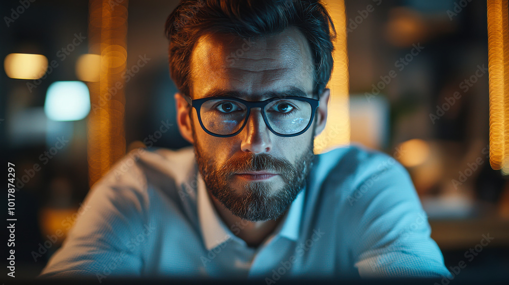 Focused man working late at night in a well-lit office space with a thoughtful expression and glasses on his face Focused man working late at night in a well-lit office space with a thoughtful expression and glasses on his face