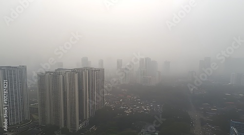 The skyline of the city was shrouded in thick fog