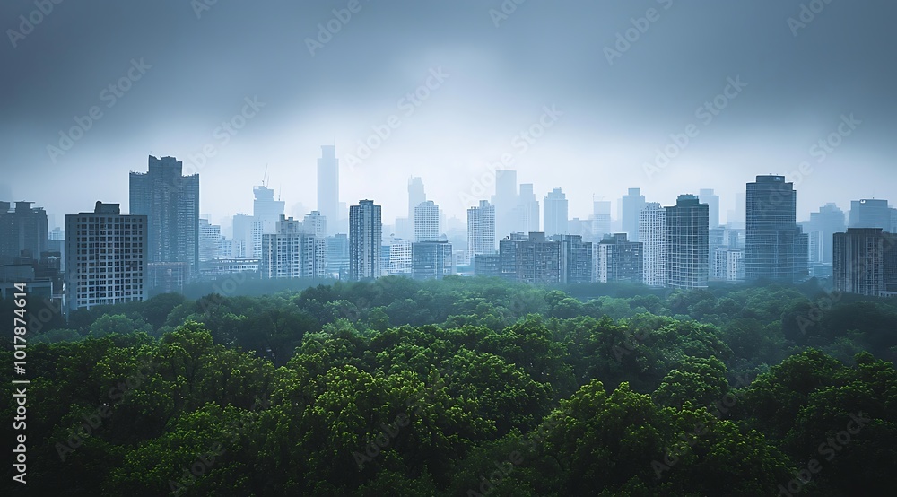 The skyline of the city was shrouded in thick fog The skyline of the city was shrouded in thick fog