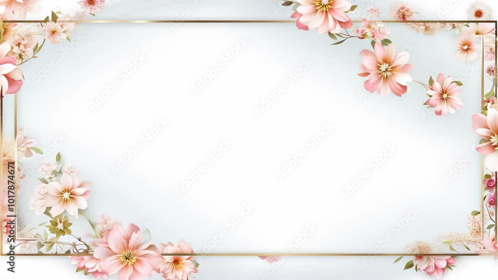 Floral frame with pink flowers and gold accents, ideal for text placement on a light background Floral frame with pink flowers and gold accents, ideal for text placement on a light background